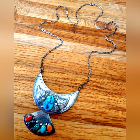 WOW! VINTAGE UNSIGNED NAVAJO RICHARD BEGAY Sterling Silver Multi-Stone Necklace - Picture 5 of 16